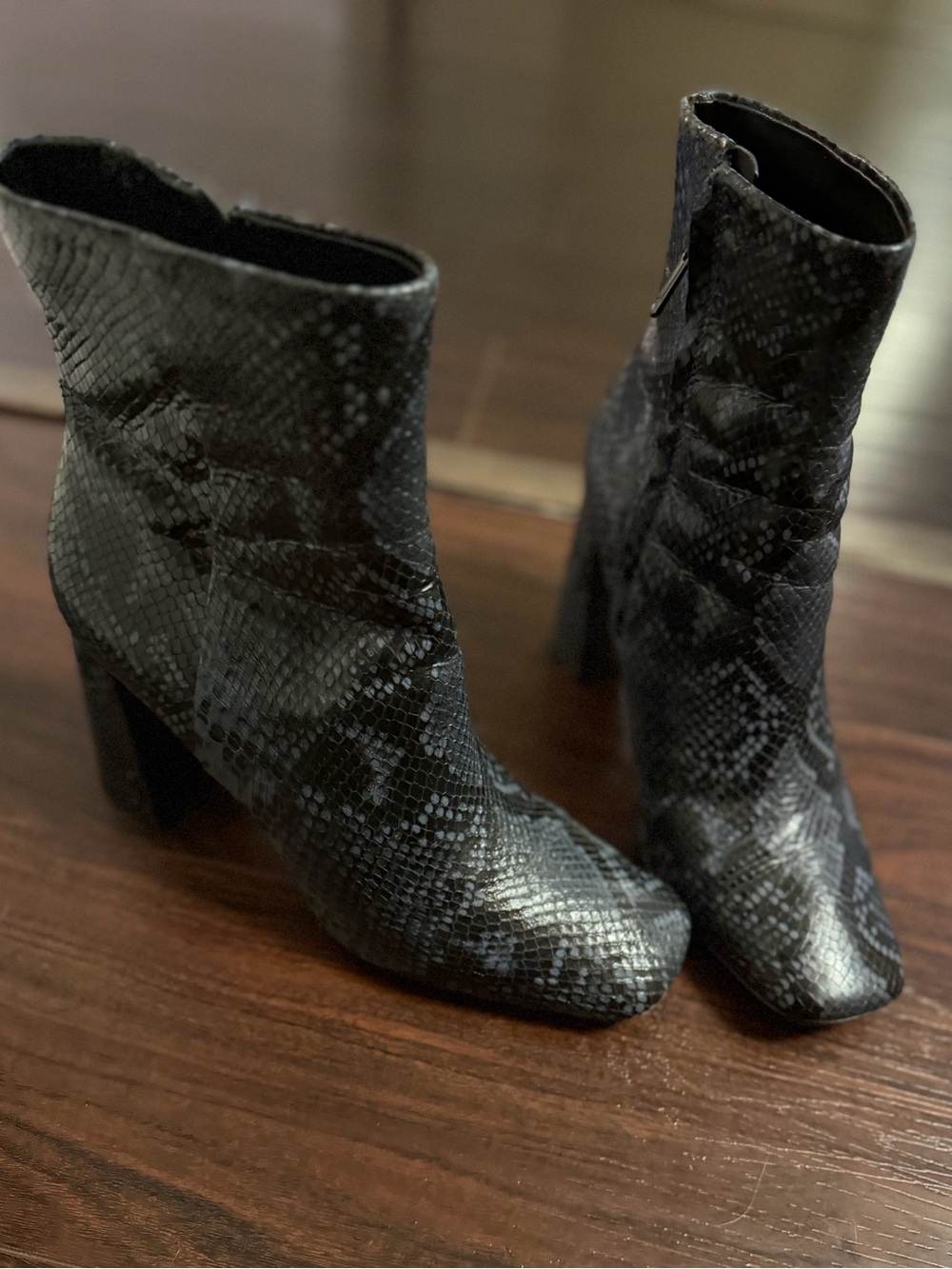 Sam Edelman Blue Snake-Print Ankle Booties with Block Heel